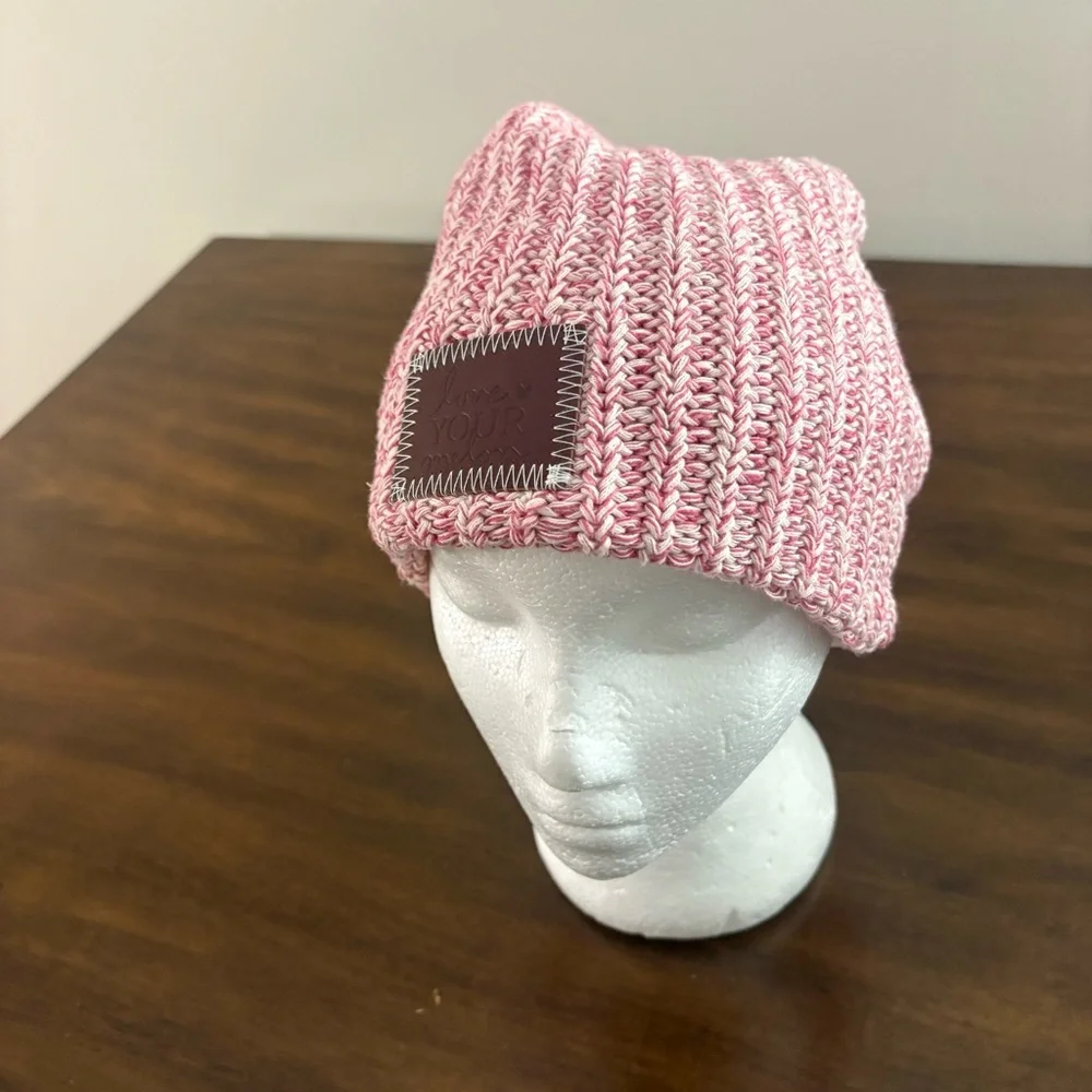 Love Your Melon Pink and White Knit Beanie Hat Winter